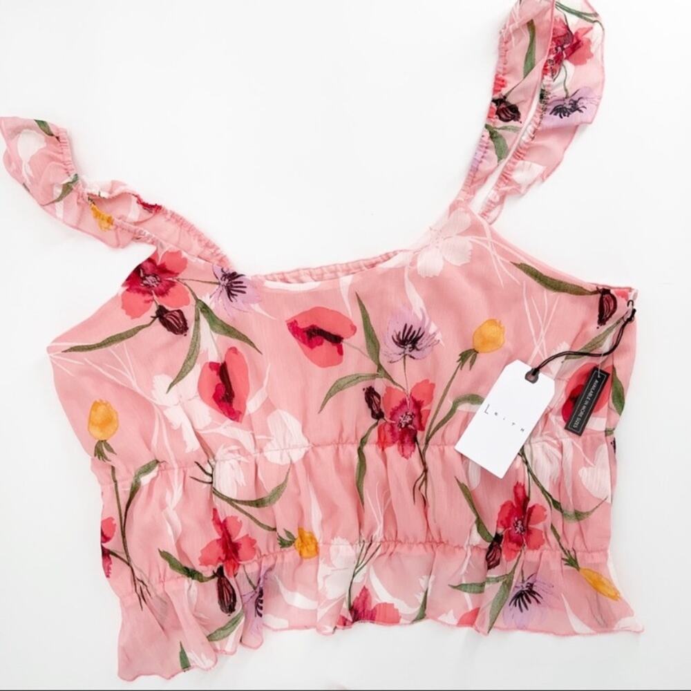 Anthropologie Leith Pink Sparkle Floral Ruffle Crop Tank Top Size 1X